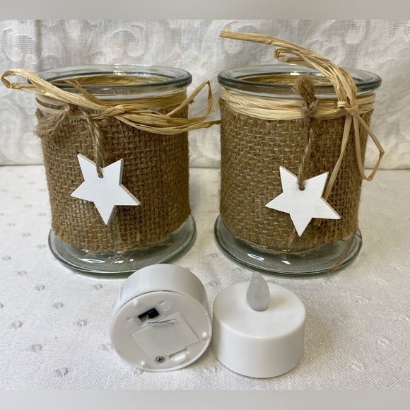 NWT Burlap & Glass Votive Candle Holders includes battery operated candle 4”x3” - Picture 5 of 5